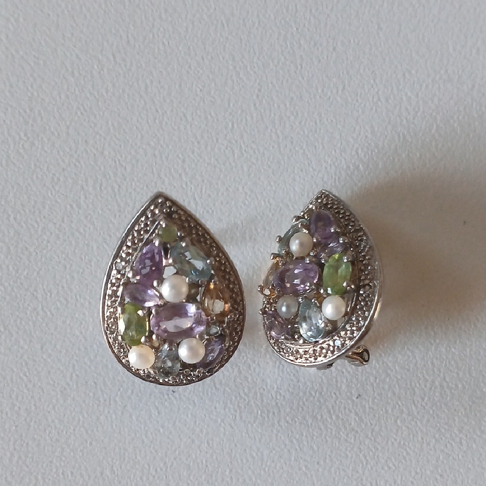 Elegant Silver and Multicolor Gemstone Earrings - Picture 3 of 5